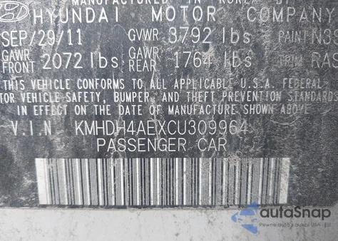 2012 Hyundai Elantra Limited (Ulsan Plant) from USA, damaged, VIN KMHDH4AEXCU309964